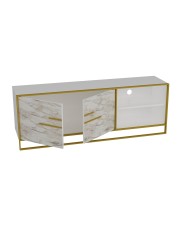 Mueble de TV SIENA, biIaminado mármol blanco con metal dorado, 160 cms.