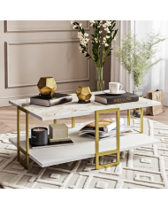 Mesa baja SIENA, biIaminado mármol blanco, con metal dorado 91,5 cms.