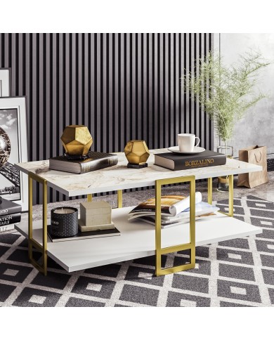 Mesa baja SIENA, biIaminado mármol blanco, con metal dorado 91,5 cms.