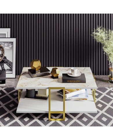 Mesa baja SIENA, biIaminado mármol blanco, con metal dorado 91,5 cms.