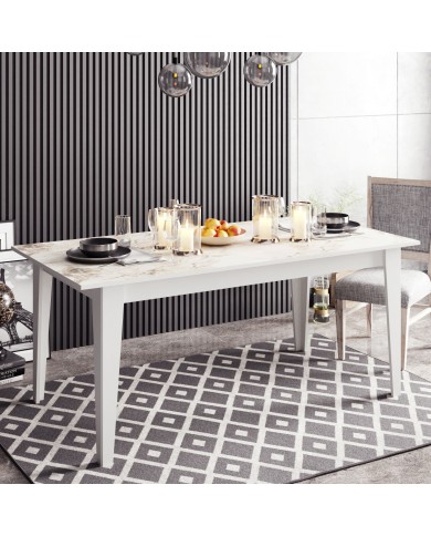 Mesa de comedor SIENA, biIaminado mármol blanco, 180 x 90 cms.