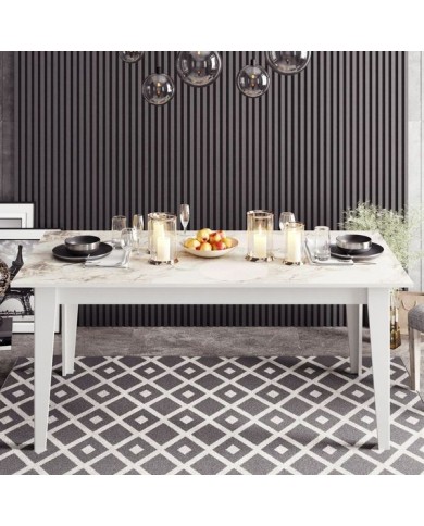 Mesa de comedor SIENA, biIaminado mármol blanco, 180 x 90 cms.