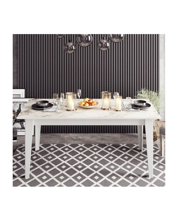 Mesa de comedor SIENA, biIaminado mármol blanco, 180 x 90 cms.