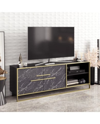 Mueble de TV SIENA, biIaminado mármol negro con metal dorado, 160 cms.