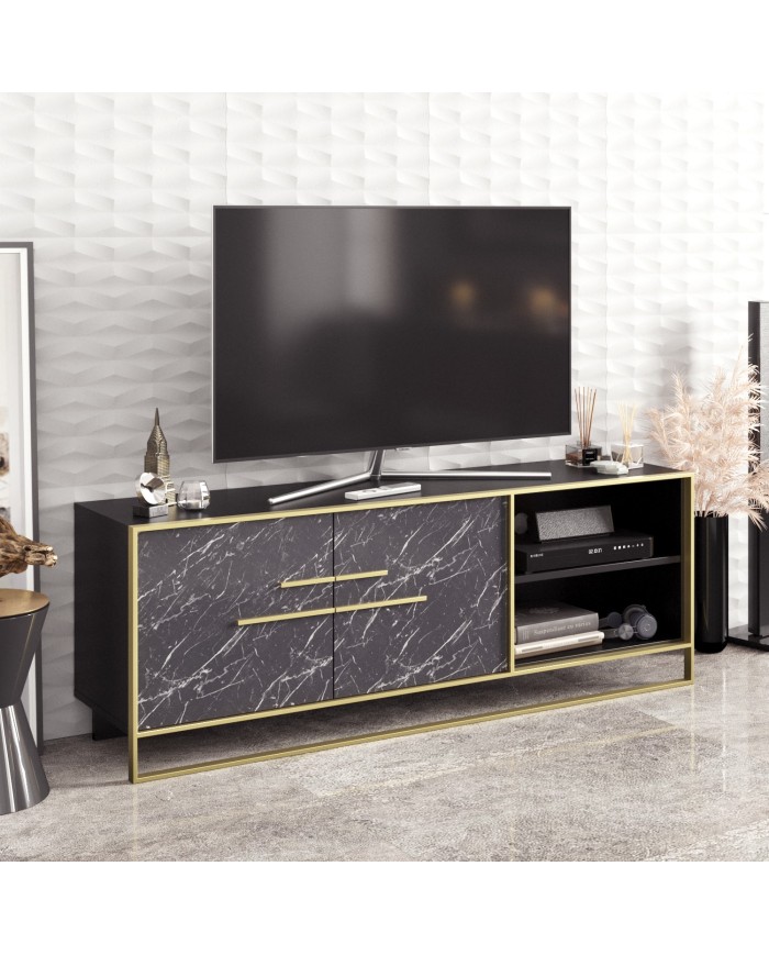 Mueble de TV SIENA, biIaminado mármol negro con metal dorado, 160 cms.