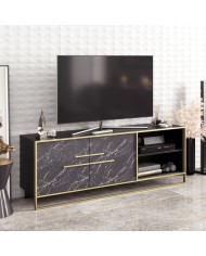 Mueble de TV SIENA, biIaminado mármol negro con metal dorado, 160 cms.