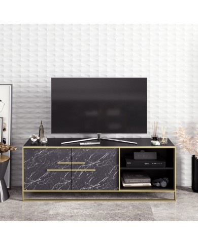 Mueble de TV SIENA, biIaminado mármol negro con metal dorado, 160 cms.