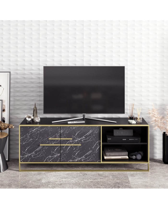 Mueble de TV SIENA, biIaminado mármol negro con metal dorado, 160 cms.