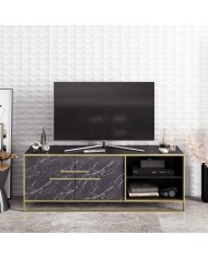 Mueble de TV SIENA, biIaminado mármol negro con metal dorado, 160 cms.