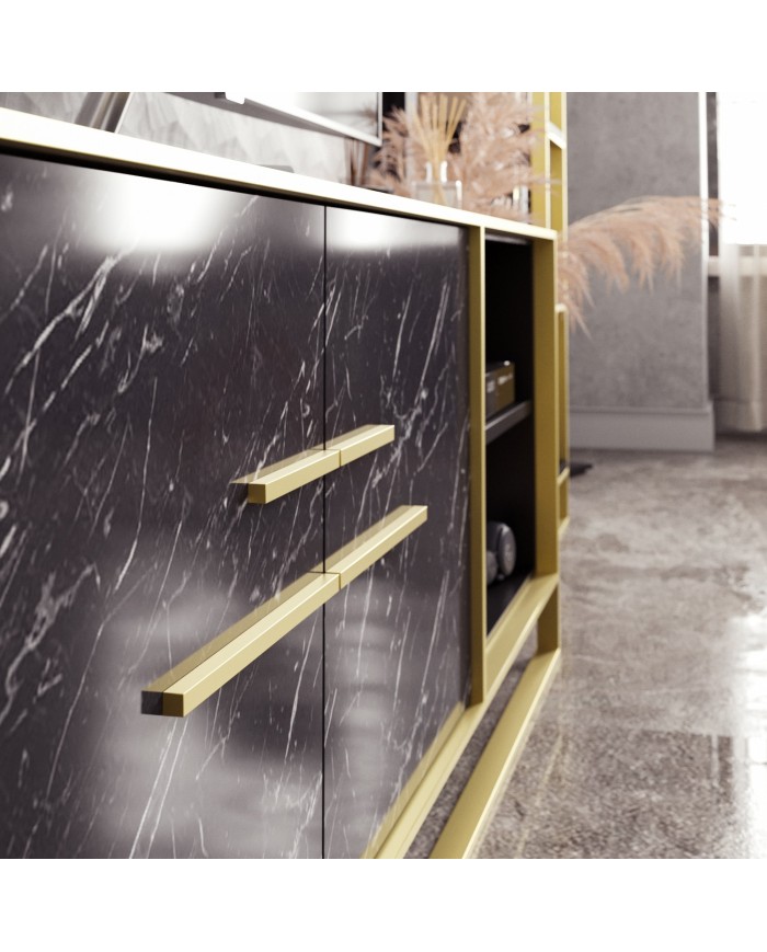 Mueble de TV SIENA, biIaminado mármol negro con metal dorado, 160 cms.