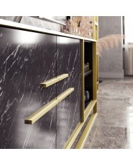 Mueble de TV SIENA, biIaminado mármol negro con metal dorado, 160 cms.