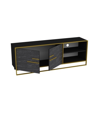 Mueble de TV SIENA, biIaminado mármol negro con metal dorado, 160 cms.