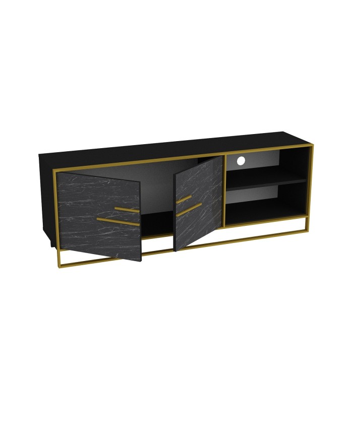 Mueble de TV SIENA, biIaminado mármol negro con metal dorado, 160 cms.