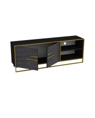 Mueble de TV SIENA, biIaminado mármol negro con metal dorado, 160 cms.