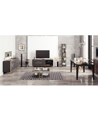 Mueble de TV SIENA, biIaminado mármol negro con metal dorado, 160 cms.