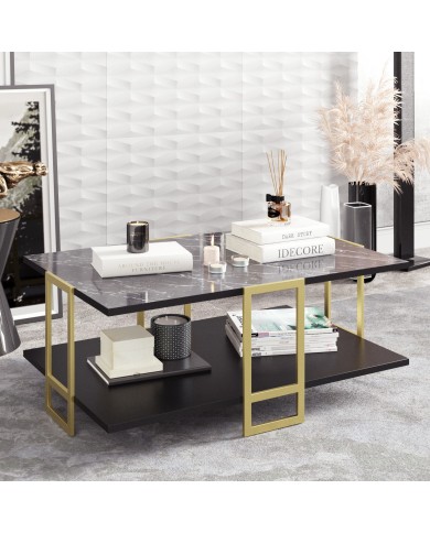 Mesa baja SIENA, biIaminado mármol negro, con metal dorado 91,5 cms.