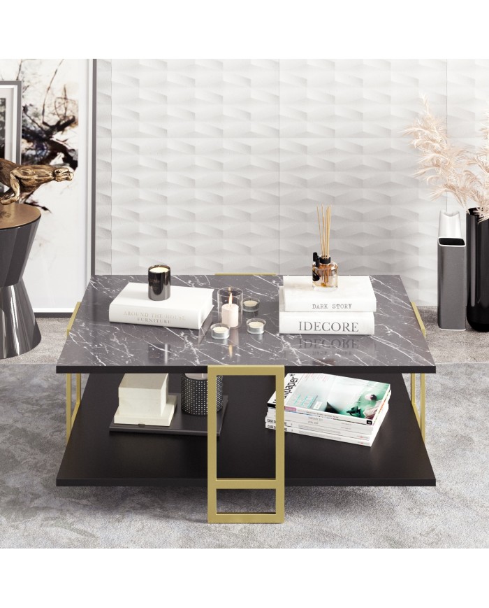 Mesa baja SIENA, biIaminado mármol negro, con metal dorado 91,5 cms.