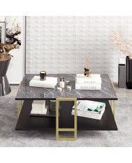 Mesa baja SIENA, biIaminado mármol negro, con metal dorado 91,5 cms.