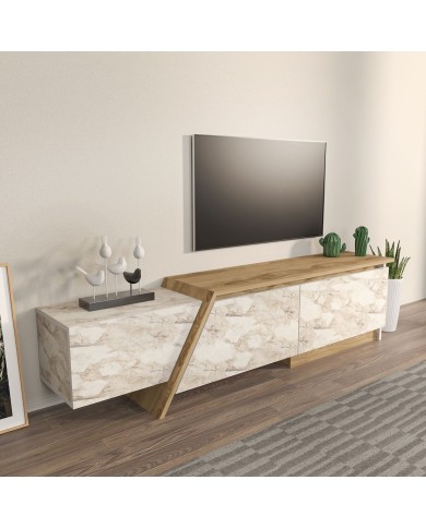 Mueble de TV PRUDENCE, biIaminado mármol blanco con roble, 180 cms.
