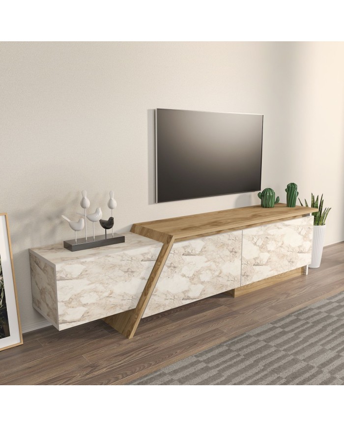 Mueble de TV PRUDENCE, biIaminado mármol blanco con roble, 180 cms.