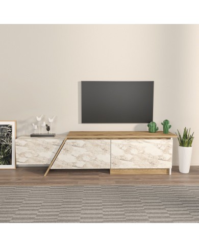 Mueble de TV PRUDENCE, biIaminado mármol blanco con roble, 180 cms.
