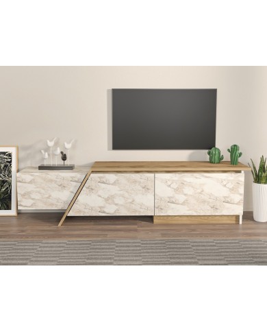 Mueble de TV PRUDENCE, biIaminado mármol blanco con roble, 180 cms.