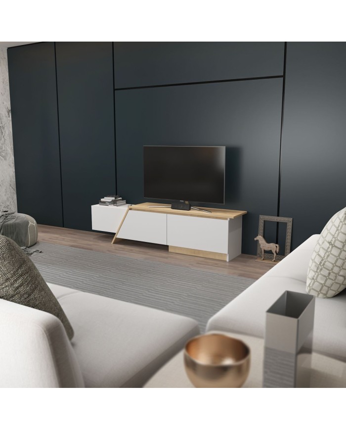 Mueble de TV PRUDENCE, biIaminado blanco con roble, 180 cms.
