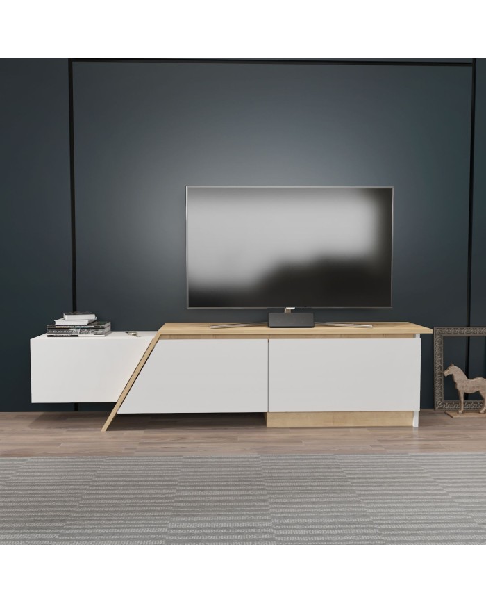 Mueble de TV PRUDENCE, biIaminado blanco con roble, 180 cms.
