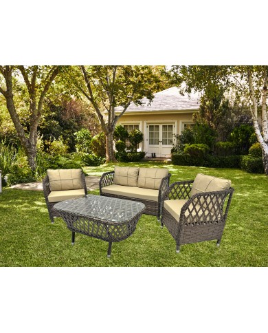 Set MARBELLA, 2 Sillones + Sofá 2 plazas + mesa, aluminio, ratán chocolate, cojines incluidos