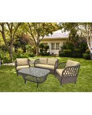 Set MARBELLA, 2 Sillones + Sofá 2 plazas + mesa, aluminio, ratán chocolate, cojines incluidos