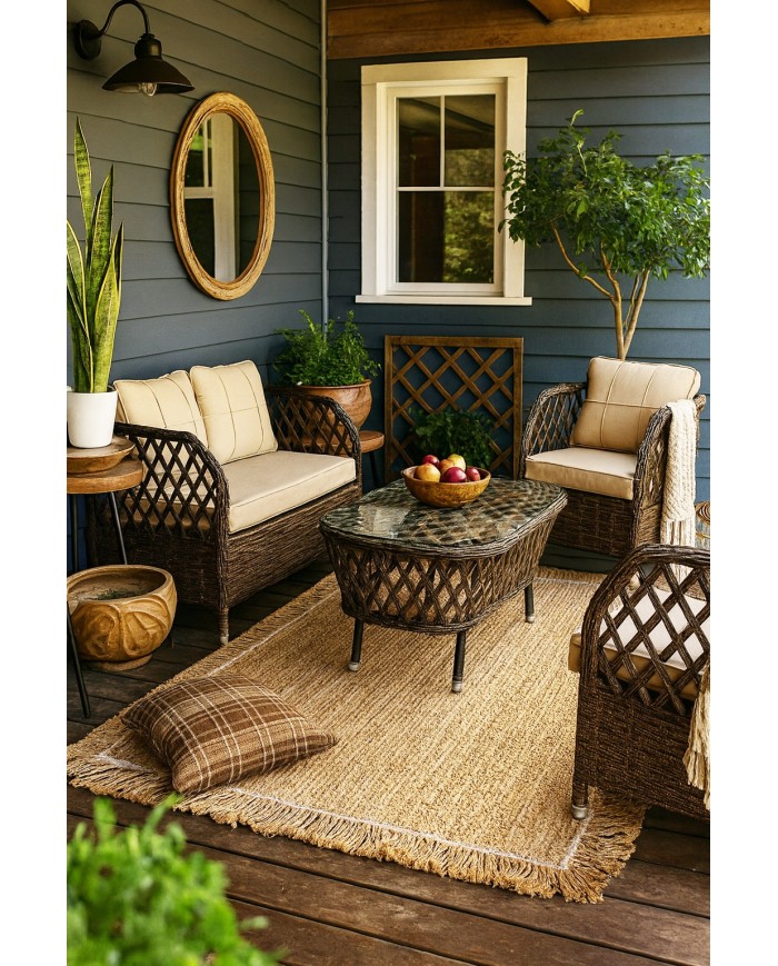 Set MARBELLA, 2 Sillones + Sofá 2 plazas + mesa, aluminio, ratán chocolate, cojines incluidos