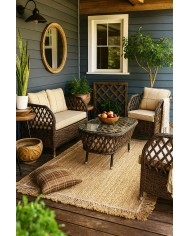 Set MARBELLA, 2 Sillones + Sofá 2 plazas + mesa, aluminio, ratán chocolate, cojines incluidos