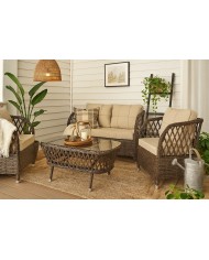 Set MARBELLA, 2 Sillones + Sofá 2 plazas + mesa, aluminio, ratán chocolate, cojines incluidos