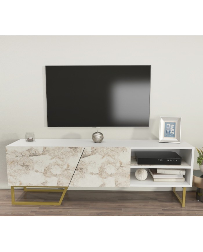 Mueble de TV MARCUS, biIaminado mármol blanco, 150 cms.