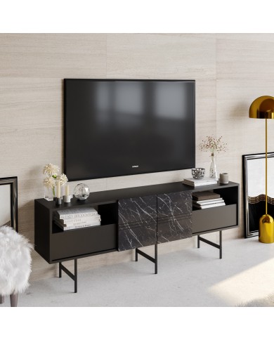 Mueble de TV SIMON, biIaminado mármol negro, 180 cms.