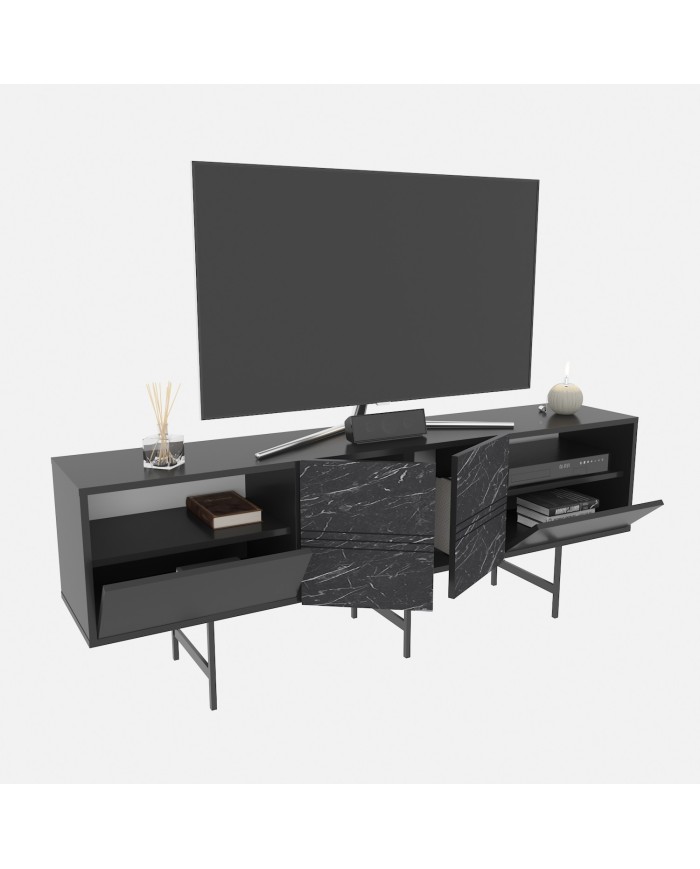 Mueble de TV SIMON, biIaminado mármol negro, 180 cms.