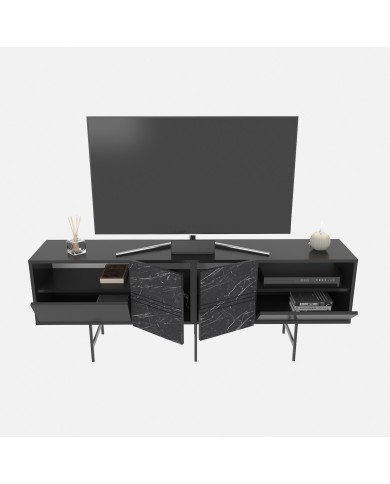 Mueble de TV SIMON, biIaminado mármol negro, 180 cms.