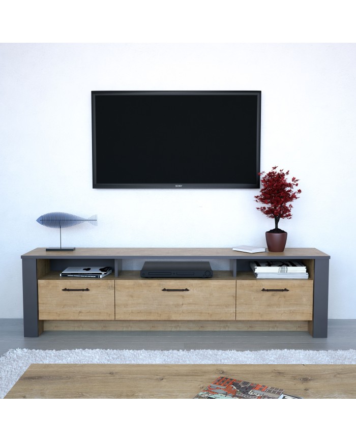 Mueble de TV PHILIPPA, biIaminado roble con gris oscuro, 180 cms.
