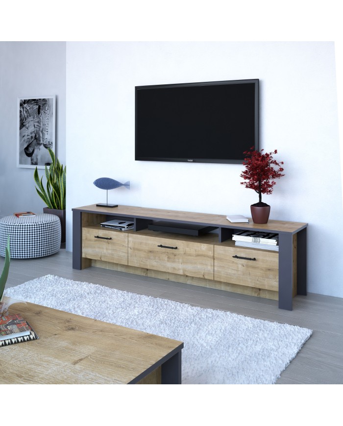 Mueble de TV PHILIPPA, biIaminado roble con gris oscuro, 180 cms.