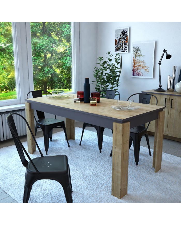 Mesa de comedor PHILIPPA, biIaminado roble con gris oscuro, 160 x 80 cms.