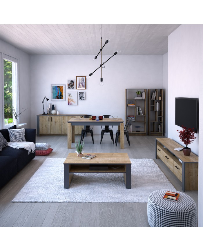 Mesa de comedor PHILIPPA, biIaminado roble con gris oscuro, 160 x 80 cms.