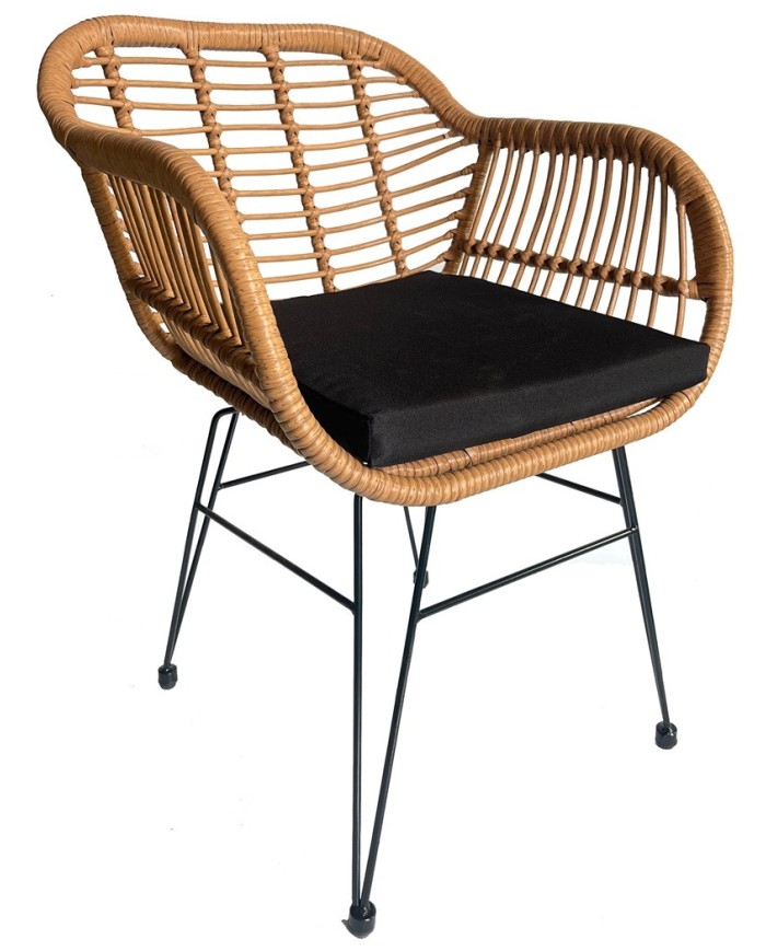 Sillón KUALA, metal, ratán beige, cojín negro
