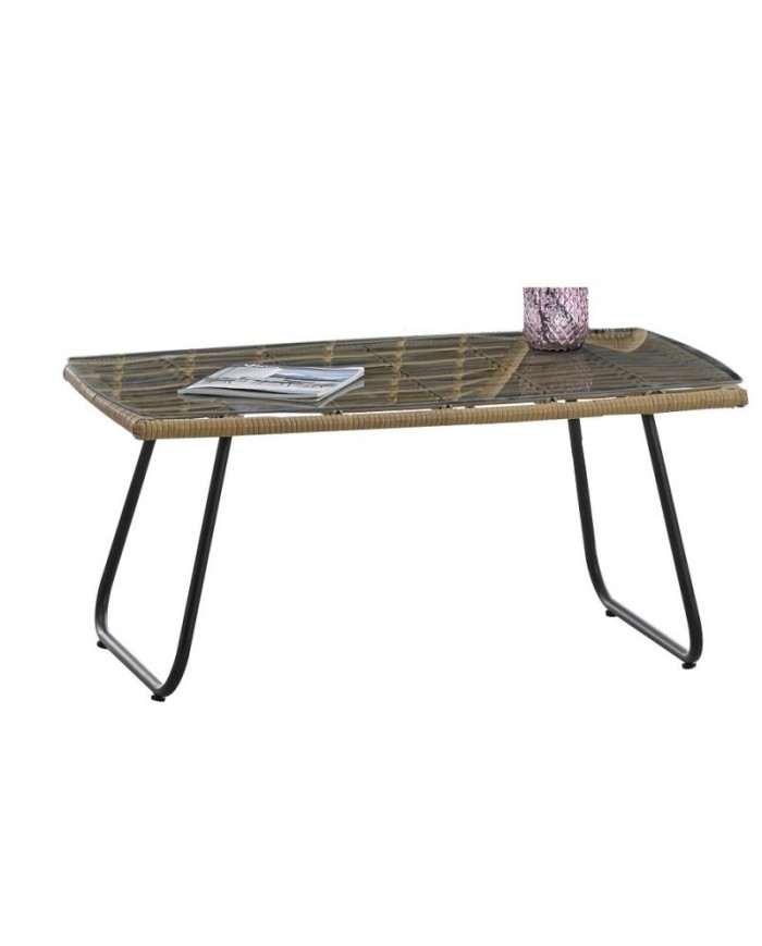 Mesa KROYA, baja, metal, ratán, cristal, 93 x 53 cms