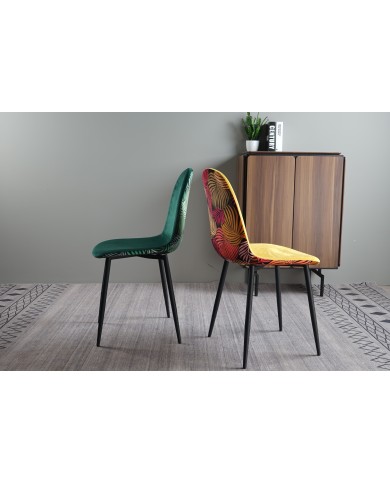 Silla HORUS NEW, metal, tapizado velvet amarillo con trasera floral a juego