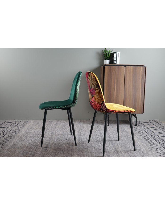 Silla HORUS NEW, metal, tapizado velvet amarillo con trasera floral a juego