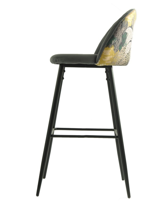 Taburete PALM GREY, metal, tapizado velvet gris con trasera palm