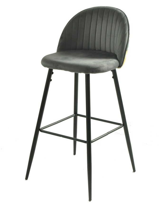 Taburete PALM GREY, metal, tapizado velvet gris con trasera palm
