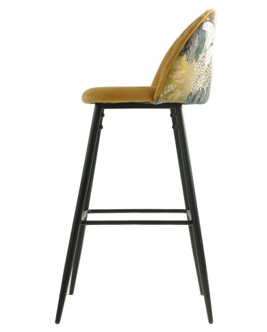 Taburete PALM YELLOW, metal, tapizado velvet amarillo con trasera palm