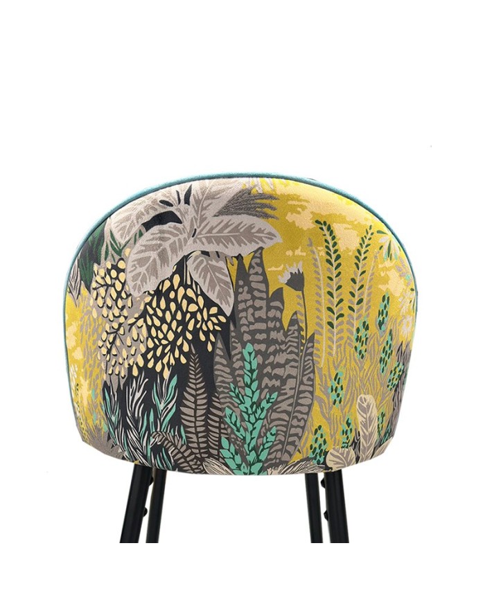 Taburete PALM SKY BLUE, metal, tapizado velvet azul con trasera palm