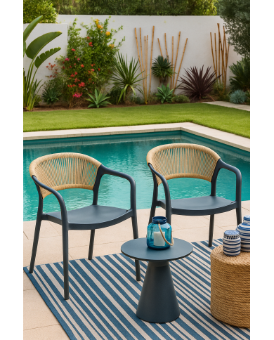 Sillón IBIZA, apilable, tratamiento anti UV, polipropileno gris oscuro, cuerda natural